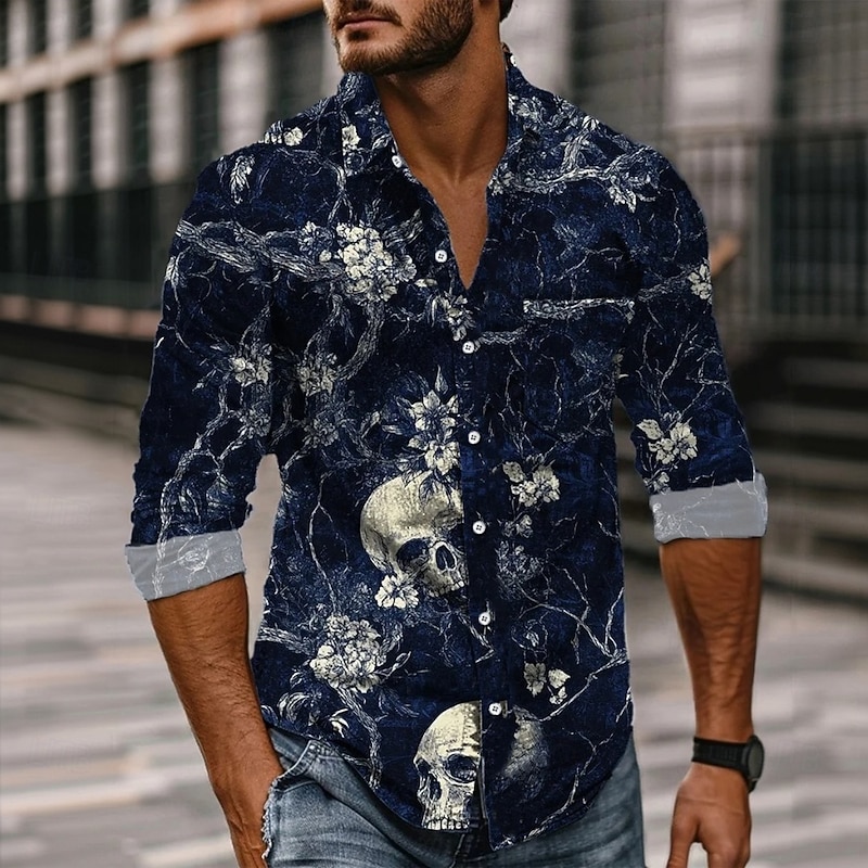 Men's Skull Day of the Dead Rose Shirt Button Up Shirt Long Sleeve Dark Gothic Style Holiday Spring Fall Turndown 3D Print Collared Shirts Front One Pocket Red Dark Blue2