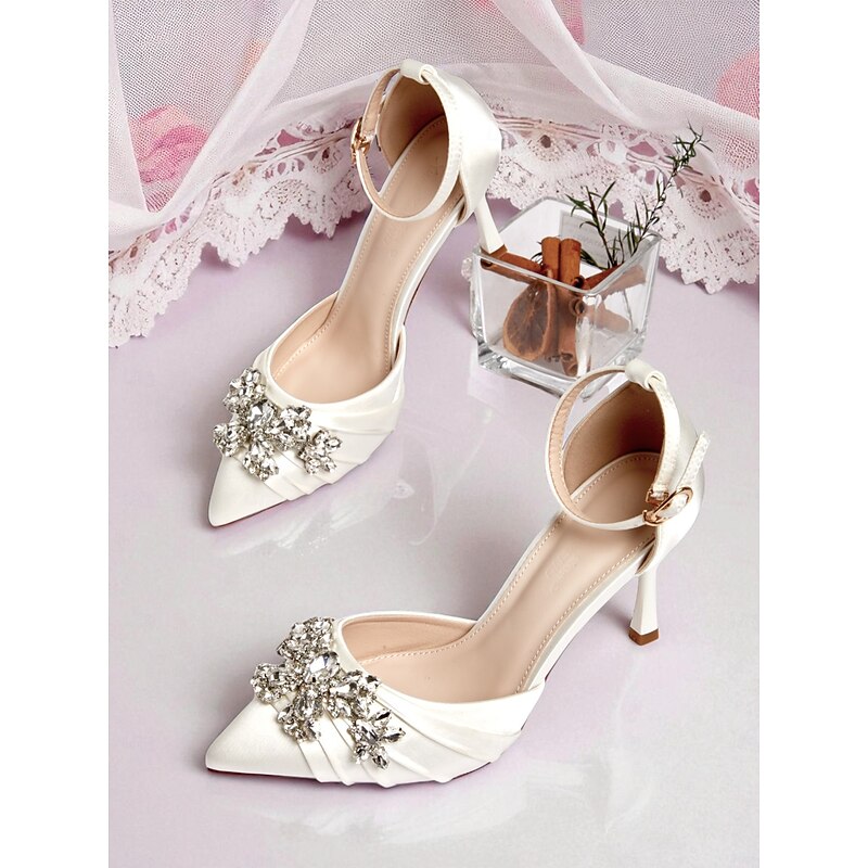Women's Satin Bridal Heels with Crystal Embellishments - Elegant Ankle Strap Pumps, Perfect for Weddings and Special Occasions3