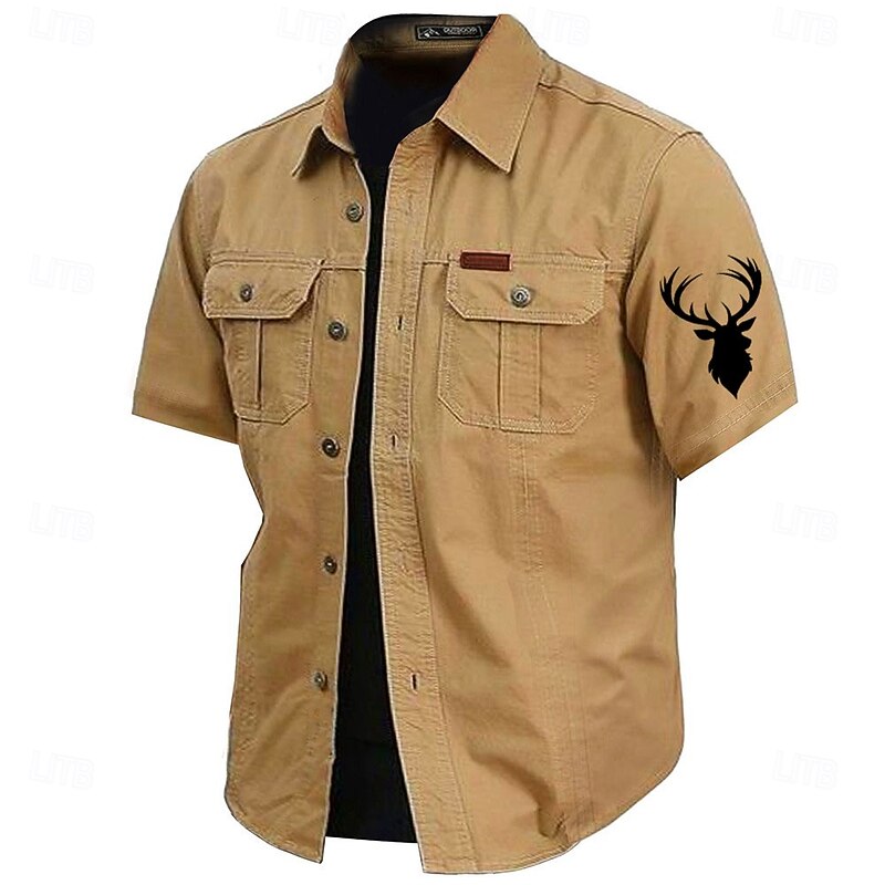 Men's Reindeer Work Shirt Western Shirt Cargo Shirt Short Sleeve Casual Tactical Sports Outdoor WorkWear Summer Spring Turndown Front Two Pockets Cotton Button Up Shirts Army Green Khaki Dark Blue4