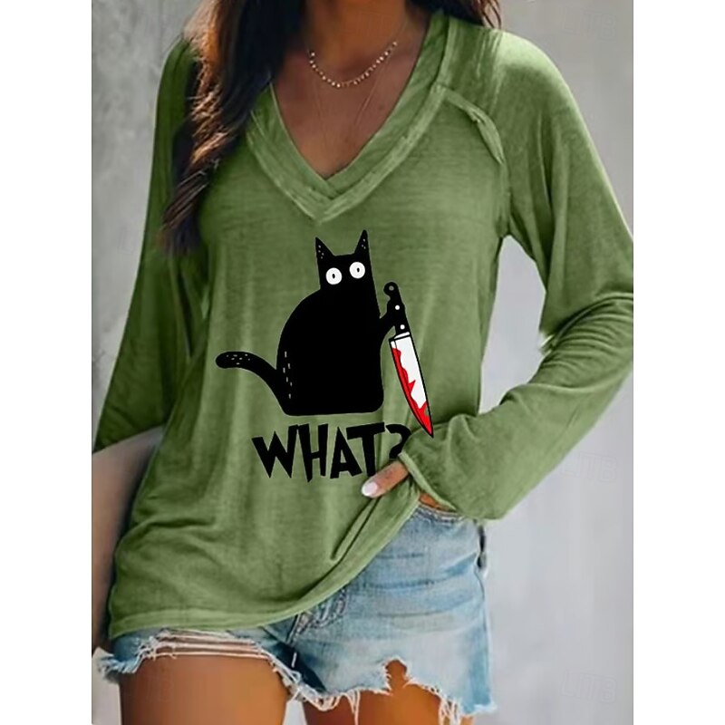 Halloween Women's T shirt Black Cat V Neck Long Sleeve Graphic Casual Letter Vintage Stylish Western Regular Tops Daily Weekend Vacation Wear Print White Pink Blue Orange Green Spring Fall Witch4