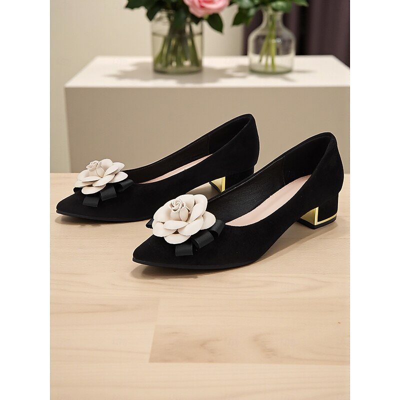 Women's Black Suede Pointed Toe Low Heel Shoes with Flower Appliqué – Retro Chic Dress Pumps for Weddings, Work, and Holiday Parties4
