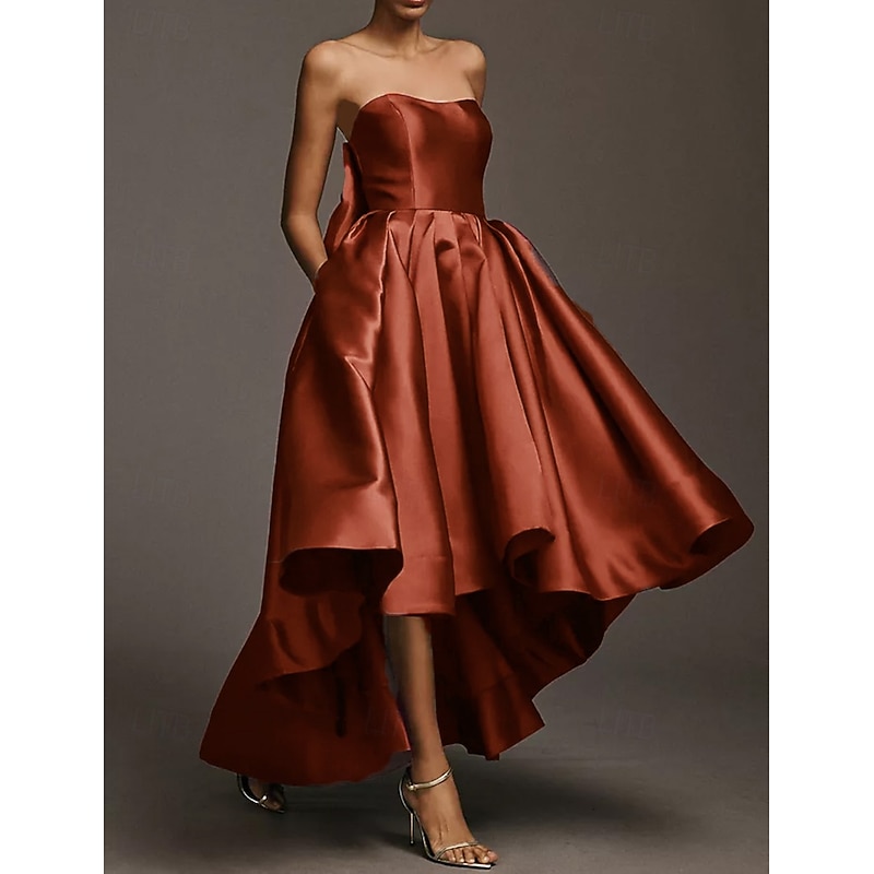 High-low Dress A-Line Cocktail Dresses Elegant Dress Formal Wedding Tea Length Sleeveless Strapless Satin with Bow(s) Pocket 20254