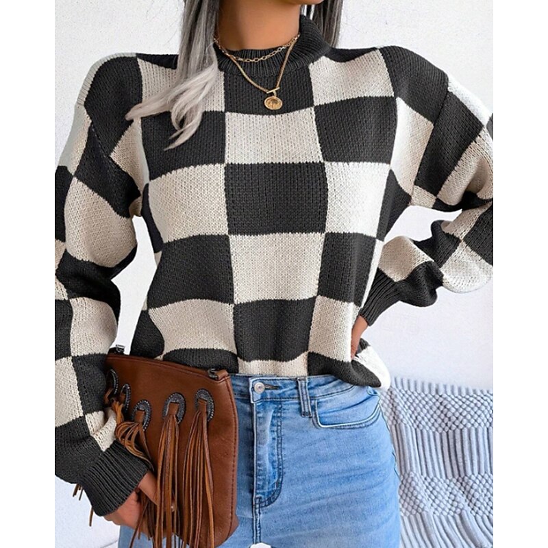 Women's Sweater Pullover Casual Plaid Ribbed Crew Neck Knitted Long Sleeve Regular Tops Knit Daily Going out Weekend Gray Winter3