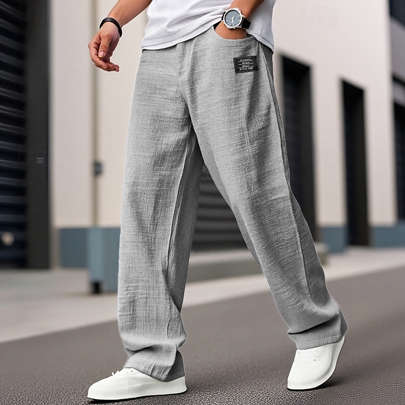 Men's Linen Pants Trousers Summer Pants Beach Pants Drawstring Embroidered Pocket Plain Comfort Breathable Vacation Daily Holiday Hawaiian Boho Black White4