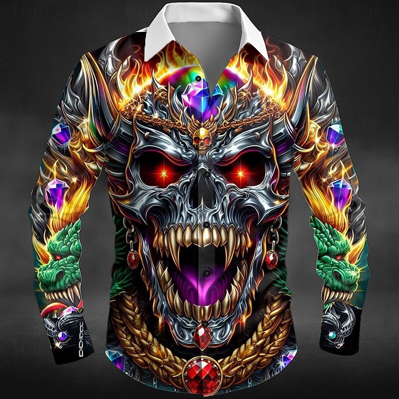 Halloween Men's Skull Dragon Flame Shirt Button Up Shirt Long Sleeve Dark Punk Gothic Style Outdoor Holiday Summer Spring Turndown 3D Print Collared Shirts Purple Orange Green