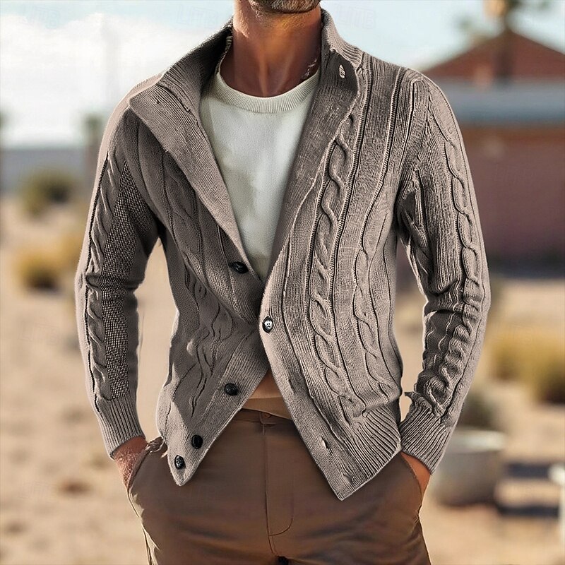 Men's Cardigan Sweater Cropped  Sweater Knit Sweater Ribbed Knit Regular Tops Buttons Plain Stand Collar Fashion Classic Vacation Daily Wear Clothing Apparel Fall Winter Black khaki M L XL3