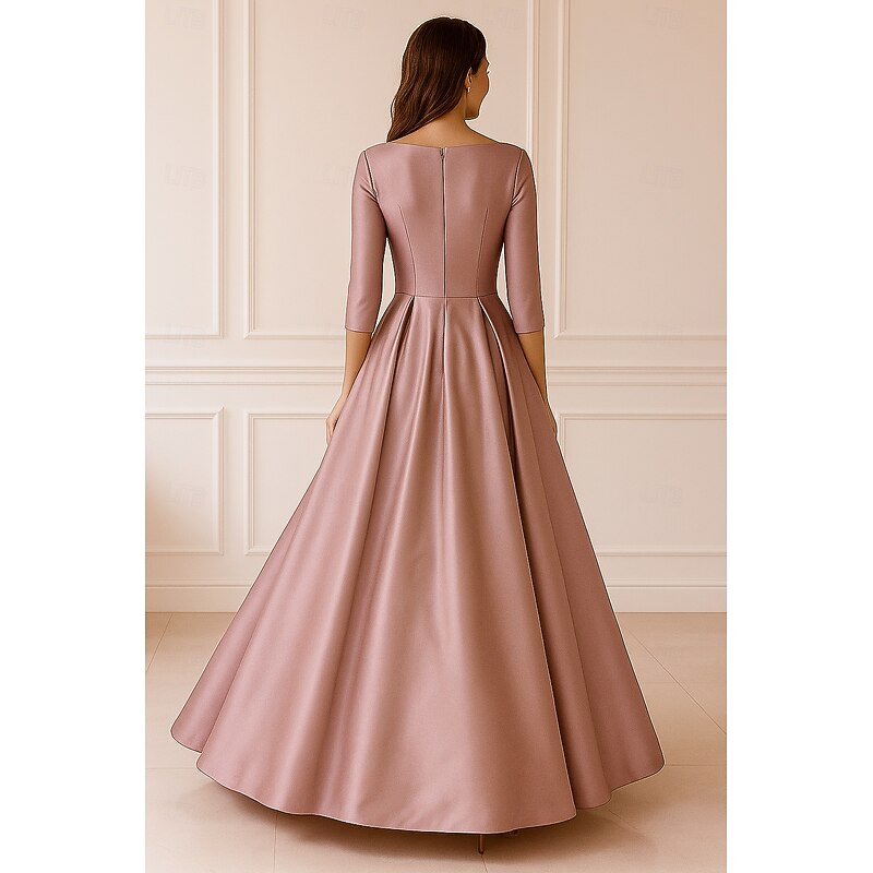 Red Pink Black A-Line Evening Gown Elegant Dress Formal Wedding Floor Length 3/4 Length Sleeve V Neck Stretch Satin with Ruched 20253