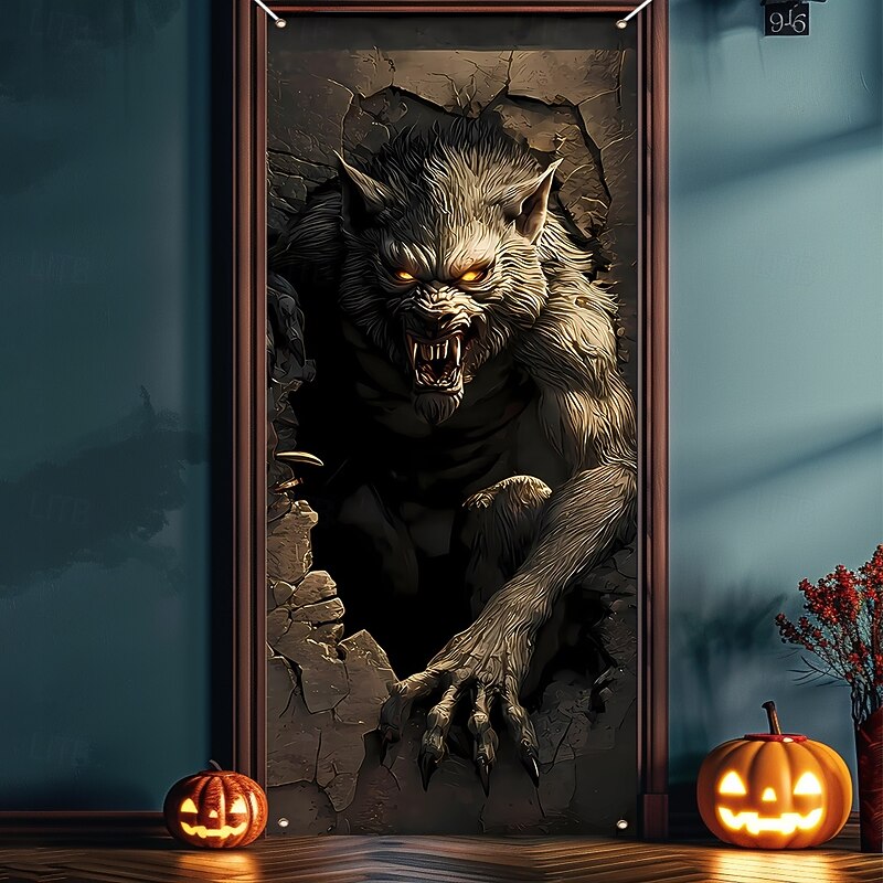 Halloween Door Cover Outdoor Banners Broken Effect Werewolf 3D Dark Punk Gothic Style Party Outdoor Shooting Backgrounds Front Door Wall Porch Decorations Wall Door Background2
