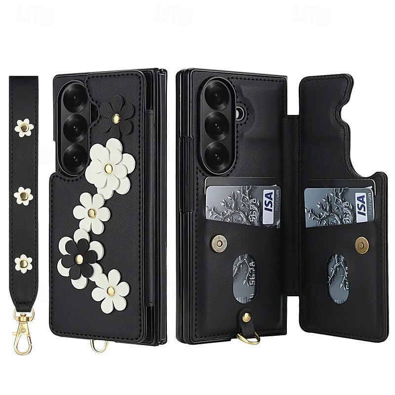 Phone Case For Samsung Galaxy Z Fold 7 Z Fold 6 Z Fold 5 Z Fold 4 Wallet Case Flip Cover with Stand Holder with Lanyard Shockproof Retro Flower Floral TPU PC PU Leather2