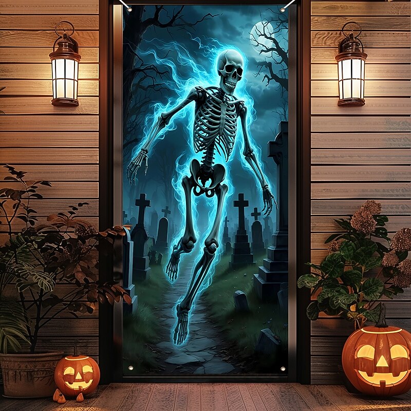 Halloween Door Cover Outdoor Banners Skeleton Cemetery Psychedelic Dark Punk Gothic Style Party Outdoor Shooting Backgrounds Front Door Wall Porch Home Decor3