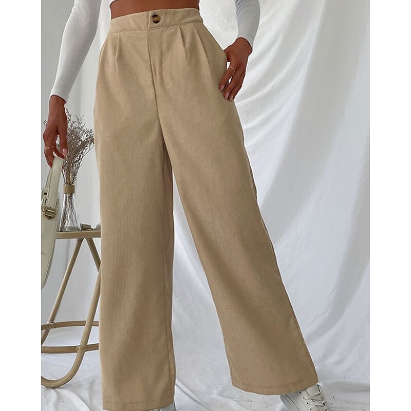 Women's Wide Leg Slacks Streetwear Casual Full Length Natural Plain Pocket Elastic Waist Comfortable Outdoor Street Going out Apricot Fall Regular Fit2
