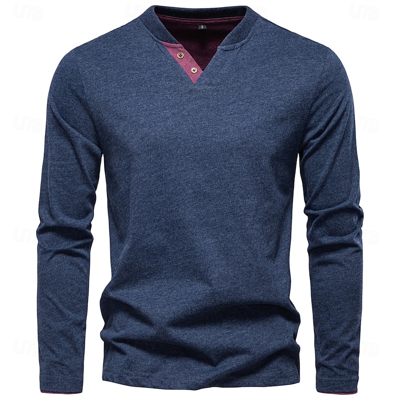 Men's Cotton Shirt Long Sleeve Plain Cool Daily Casual Color Block Buttons Henley School Training Outdoor All Seasons Colored Gray Dark Navy khaki Henley T-Shirt