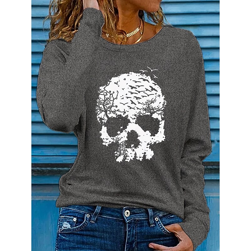 Halloween Women's T Shirt Skulls Graphic Vintage Stylish Classic Long Sleeve Crew Neck Round Neck Regular Tops Daily Print Black Gray Fall Winter4
