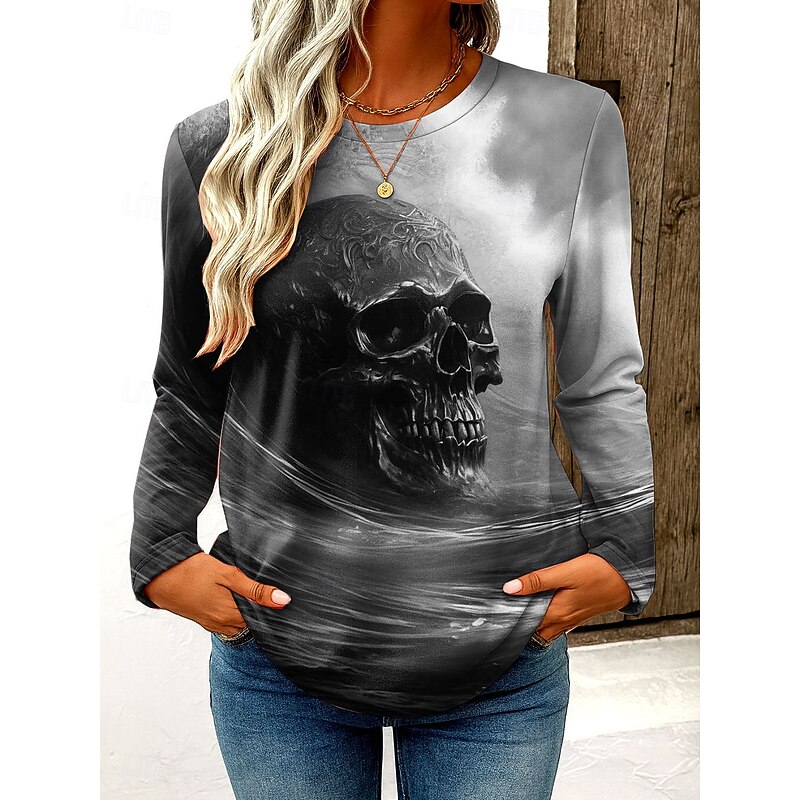 Halloween Women's T Shirt Skulls Graphic Vintage Fashion Stylish Long Sleeve Crew Neck Regular Tops Daily Weekend Print Blue Purple Green Gray Spring Fall Winter