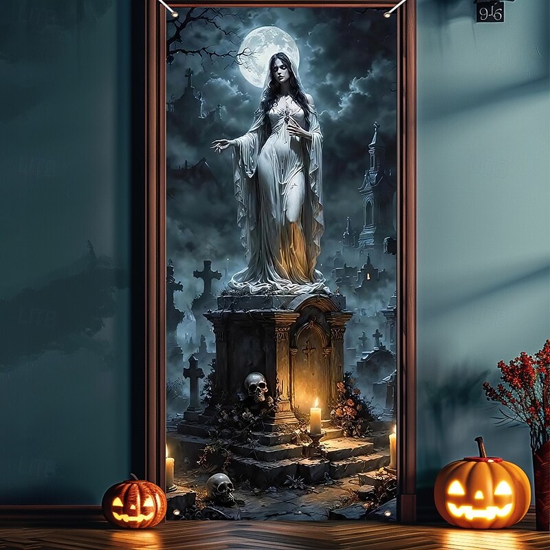 Halloween Door Cover Outdoor Banners Ghost Bride Spider Psychedelic Dark Punk Gothic Style Party Outdoor Shooting Backgrounds Front Door Wall Porch Home Decor4