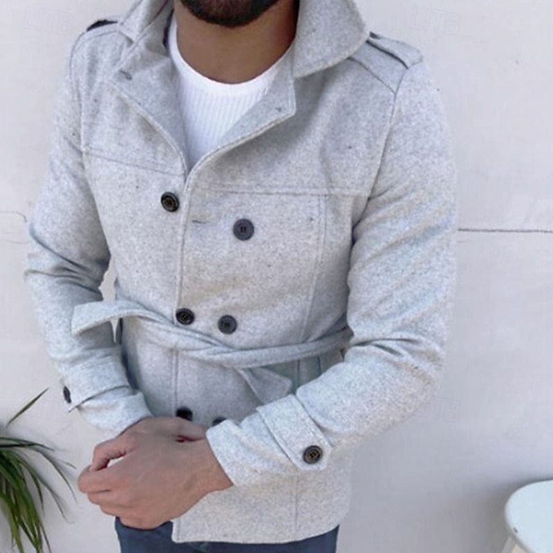 Men's Peacoat Trench Coat Vacation Daily Fall Winter Polyester Thermal Warm Outerwear Clothing Apparel Fashion Classic Plain Pocket Lapel Double Breasted3