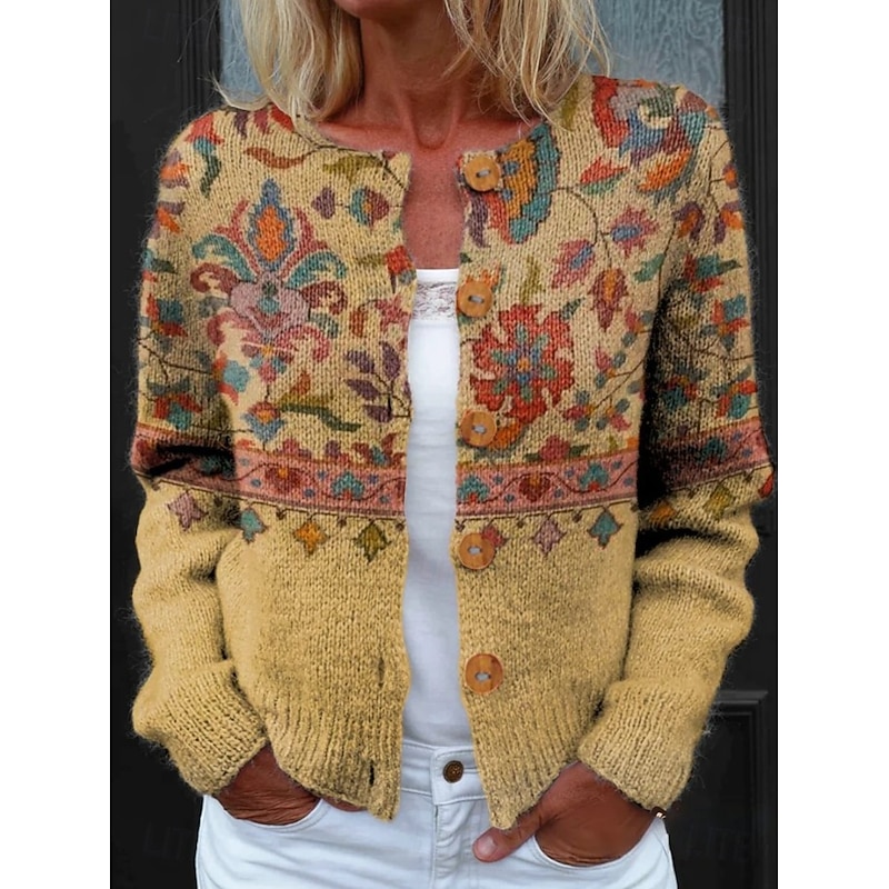 Women's Cardigan Sweater Knitted Ribbed Button Front Round Neck Long Sleeve Lightweight Daily Geometric Paisley Crew Neck Buttons Print Regular Tops Knit Outdoor Weekend Black Yellow Spring Fall4