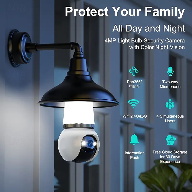 4-megapixel Bulb-style Surveillance Camera  Wifi 2k Surveillance Camera Wireless Outdoor/Indoor Full-color Day/Night Type Easy To Install Motion Detection Full-color Night Vision