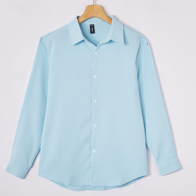 Men's Shirt Waffle Shirt Summer Shirt Casual Shirt Button Up Shirt Black White khaki Light Blue Long Sleeve Plain Textured Lapel Vacation Casual Clothing Apparel Fashion Casual Comfortable3