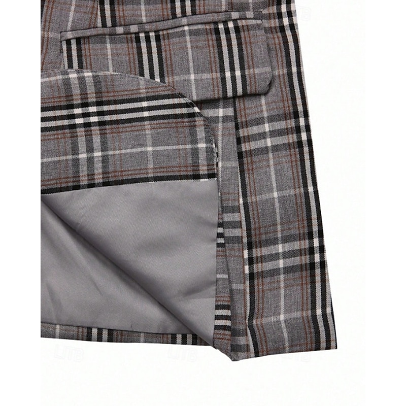 Men's Blazer Set Business Cocktail Party Wedding Party 2 Piece Fashion Casual Spring Fall Polyester Plaid Pocket Buttons Comfortable Single Breasted Blazer Gray4