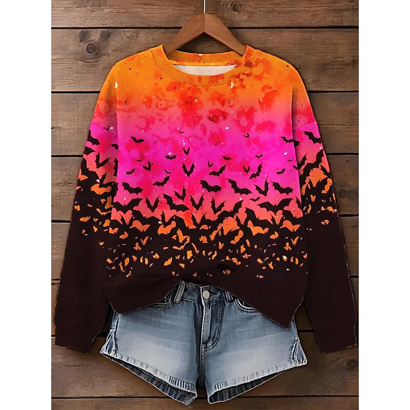 Halloween Women's Sweatshirts Bat Graphic Fashion Casual Long Sleeve Crew Neck Regular Tops Street Dailywear Casual Print Black Yellow Pink Fuchsia Orange Fall Winter