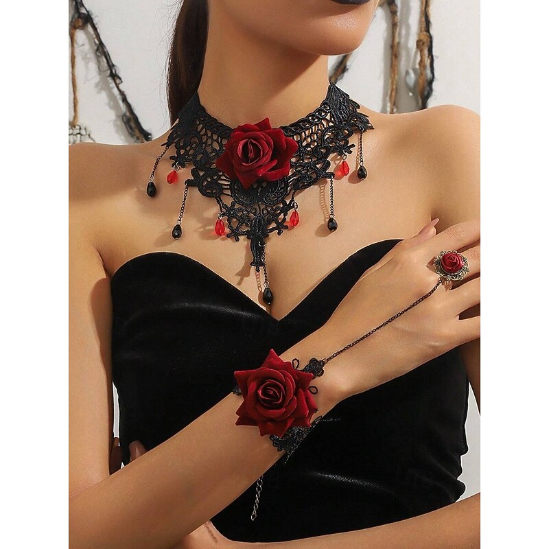 Women's Halloween Gothic Lace Rose Choker Necklace & Bracelet Ring Set — Black Victorian Statement Jewelry with Red Flower, Beaded Teardrops & Adjustable Chains for Cosplay, Costume Parties3