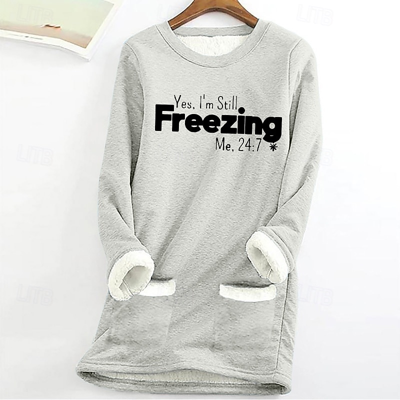 Women's Fleece Lined Pullover Sweatshirt Pajamas Pullover  Yes Im Cold Letter Streetwear Casual Long Sleeve Crew Neck Regular Tops Street Holiday Pocket Print Black Pink Blue Light Grey