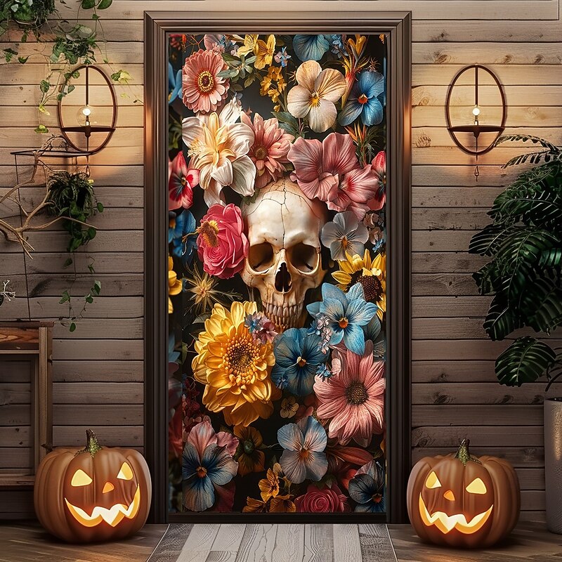 Halloween Door Cover Outdoor Banners Skeleton Flower Psychedelic Dark Punk Gothic Style Party Outdoor Shooting Backgrounds Front Door Wall Porch Home Decor3