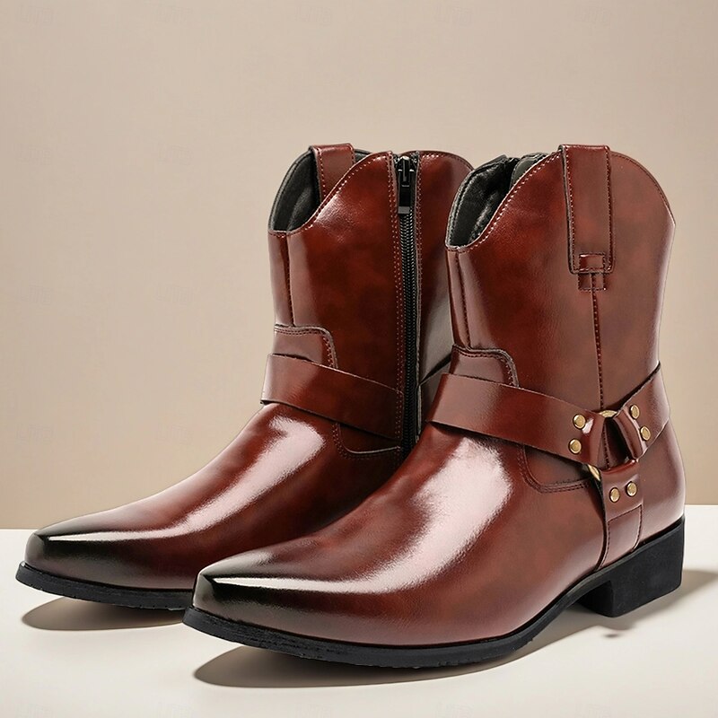 Men's Brown Leather Ankle Boots with Side Zipper and Buckle Strap, Stylish Dress Boots for Business, Evening Party and Formal Occasions