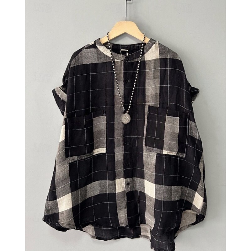 Women's Shirt Linen Shirt Blouse Plaid Modern Casual Long Sleeve Crew Neck Regular Tops Holiday Going out Pocket Buttons Black Fall