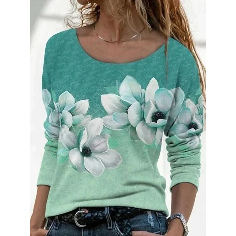 Women's Plus Size T Shirt Floral Color Gradient Oil painting flowers Fashion Long Sleeve Crew Neck Regular Tops Daily Going out Weekend Print Black Pink Purple Green Gray Spring Fall4