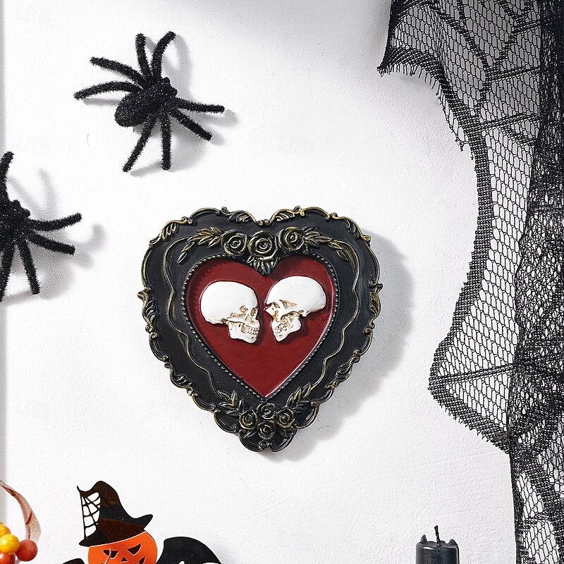 Halloween Decor Resin Heart Skull Wall Hanging, Handmade ABS Resin Love Skull Ornament, Day of the Dead Gothic Home Decoration for Living Room, Study, Store & Halloween Party