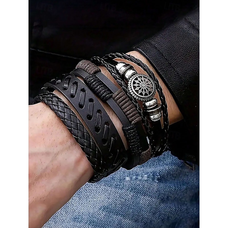 Men's Viking Style Multi-Layer Leather Bracelet Set - Vintage Braided Cuff with Gold Charms, Perfect for Casual Wear, Gifts and Street Style Accessories2