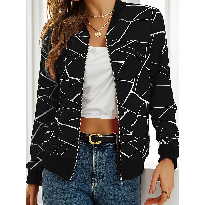 Women's Casual Jacket Warm Quick Dry Zipper Pocket Fashion Daily Casual Abstract Vacation Casual Daily Regular Baseball Collar Regular Fit Long Sleeve Outerwear Navy White Red Spring Fall