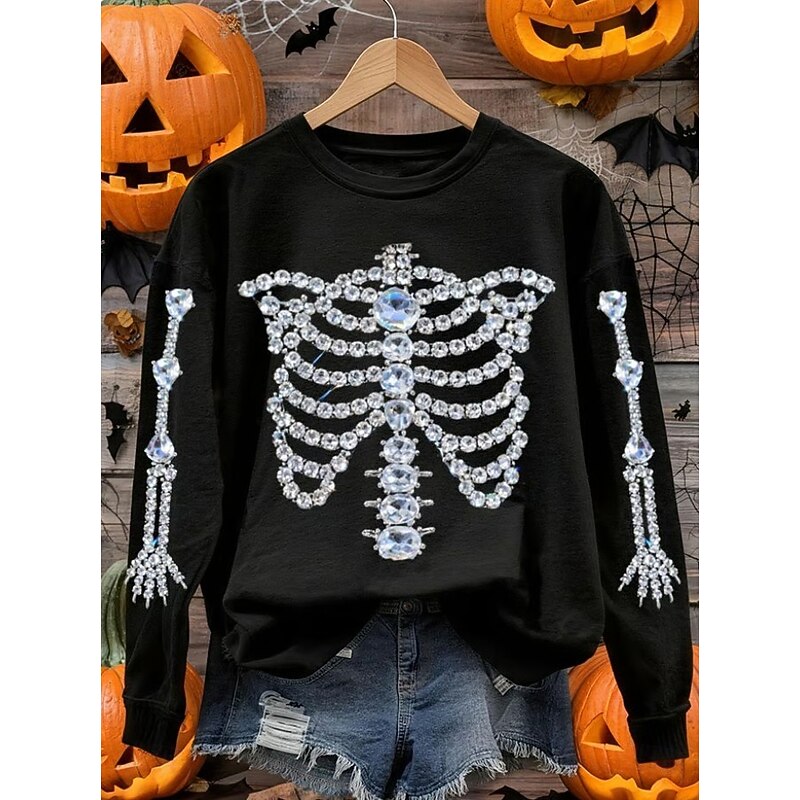 Halloween Women's Pullover Sweatshirt Pumpkin Graphic Skull Fashion Casual Long Sleeve Crew Neck Regular Tops Street Dailywear Casual Print Black Yellow Dark Gray Fall Winter3