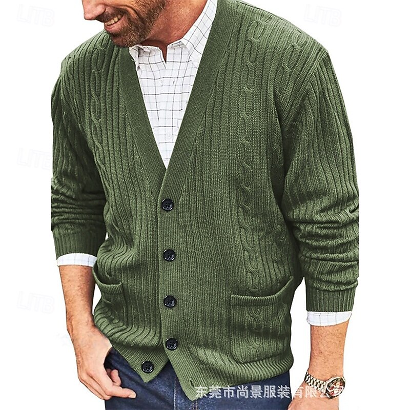 Men's Sweater Dress Sweater Cardigan Sweater Knit Sweater Cable Knit Regular Tops Knitted Ribbed Plain V Neck Vacation Fashion Casual Daily Wear Clothing Apparel Fall Winter Green M L XL