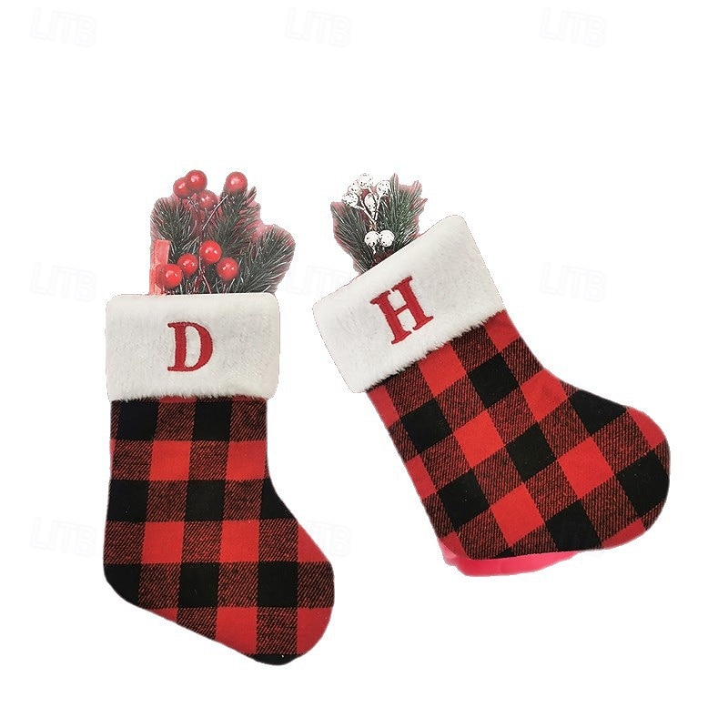 Christmas Stocking Red Black Plaid Alphabet Mini Sock Holiday Gift Bag Hanging Ornament for Christmas Decoration Home Fireplace Festive Party Seasonal Accessory4