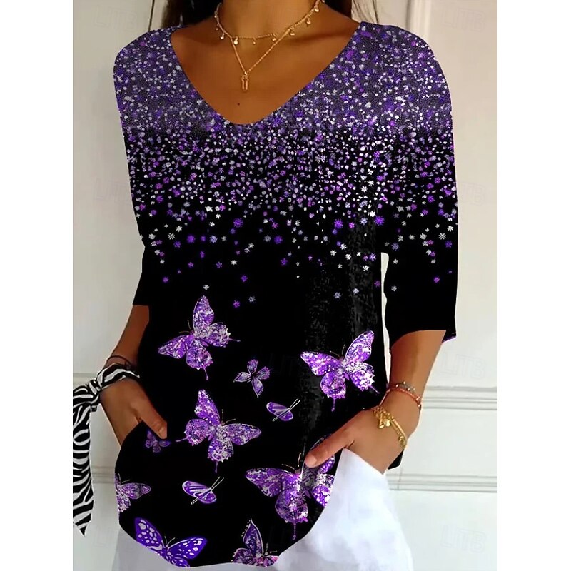 Women's Blouse Floral Graphic Leaf Vintage Tropical Stylish 3/4 Length Sleeve V Neck Regular Tops Daily Pink Purple Orange Brown Red and Pink Spring Fall Winter4