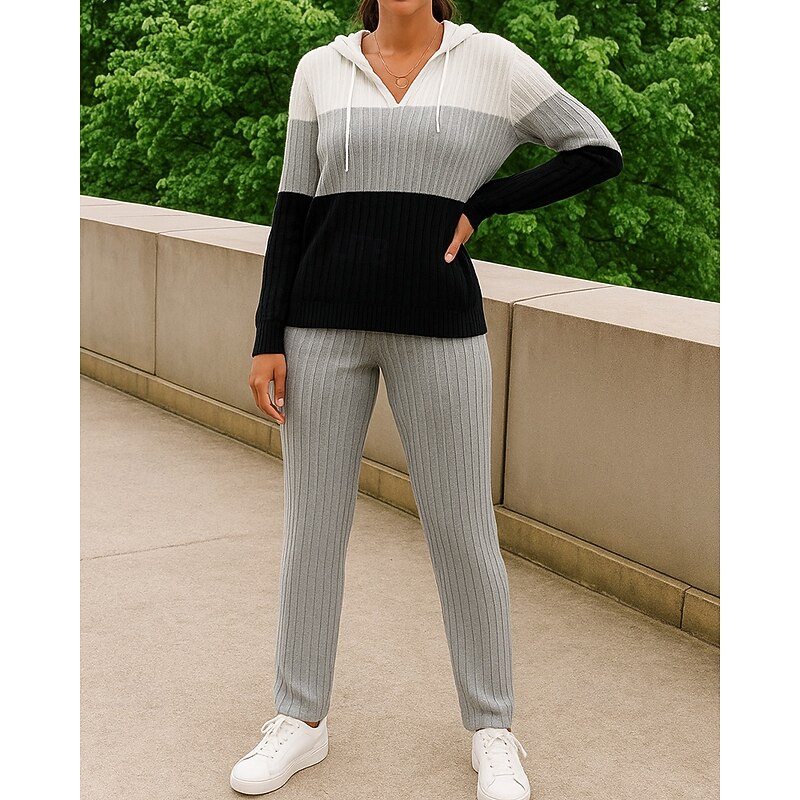 Women's Lounge Knitted Suits Drawstring Color Block Clothing Suit Fall & Winter Blue Khaki Outdoor Travel Sports Fashion Breathable Long Sleeve Sport Activewear Micro-elastic3