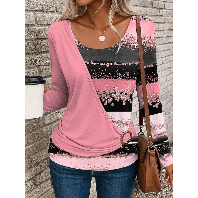 Women's T Shirt Graphic Geometric Stylish Casual Long Sleeve Crew Neck Regular Tops Daily Patchwork Print Yellow Pink Blue Purple Green Summer Fall Winter