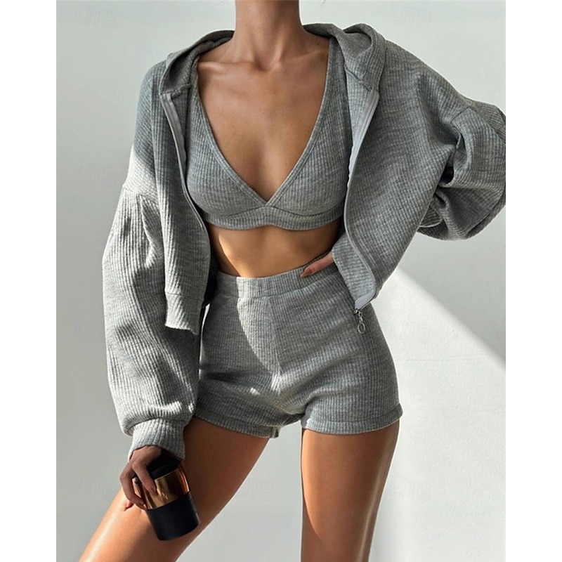 Women's Active Fashion Blouse Shorts Sets Long Sleeve Hooded Solid Color Zipper Vacation Casual Daily Black White Wine Summer Regular Fit