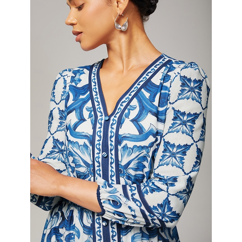 Women's Blue and White Porcelain Print Maxi Dress V Neck Placement Print Elegant Stylish Casual Waist Slim Fit Daily Fall2