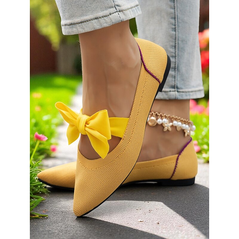 Women's Yellow Flyknit Flats with Bow – Breathable Lightweight Pointed Toe Shoes for Daily Wear and Picnics2