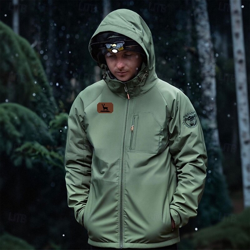 Men's Reindeer Jacket Raincoat Shell Jacket Waterproof Lightweight Casual Sports Outdoor Camping & Hiking Embroidered Side Pockets Zip Front Fall Winter Hooded Long Sleeve Green