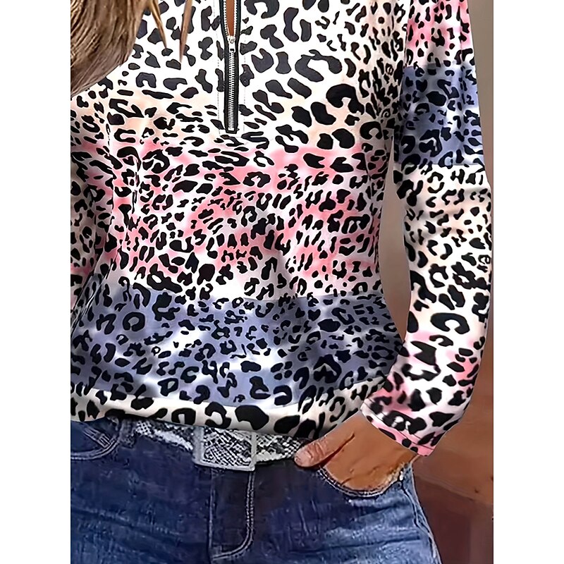 Women's T Shirt Ombre Graphic Leopard Elegant Vintage Stylish Long Sleeve V Neck Regular Tops Daily Weekend Zipper Print Pink Spring Fall3