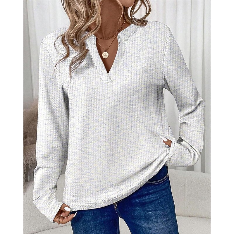 Women's Sweater Pullover Fashion Solid Color Ribbed V Neck Knitted Long Sleeve Regular Tops Knit Holiday Going out Weekend White Fall2