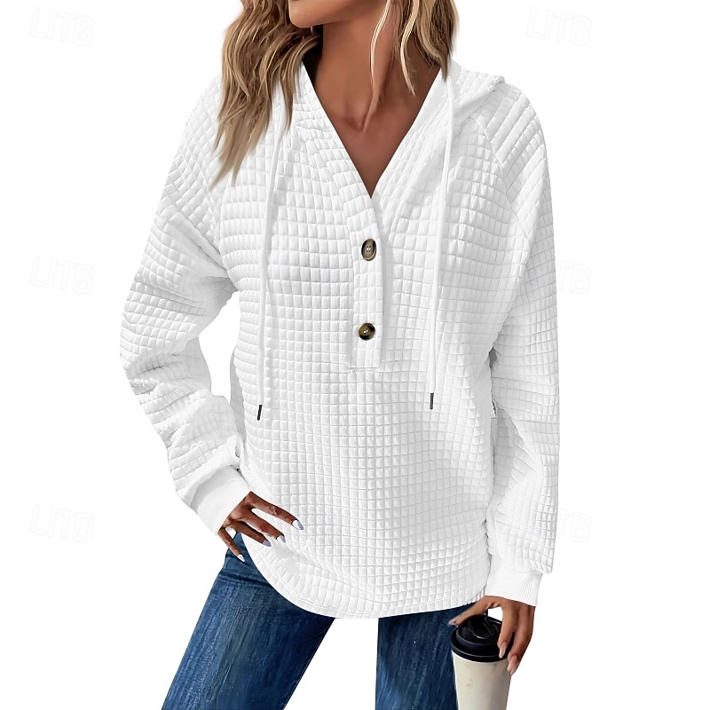 Women's Texture Sweatshirt Waffle Sweatshirt  Pullover Hoodie Sweatshirt Plain Streetwear Casual Long Sleeve Hooded Regular Tops Street Holiday Going out Buttons Black White Pink Wine Fall Winter
