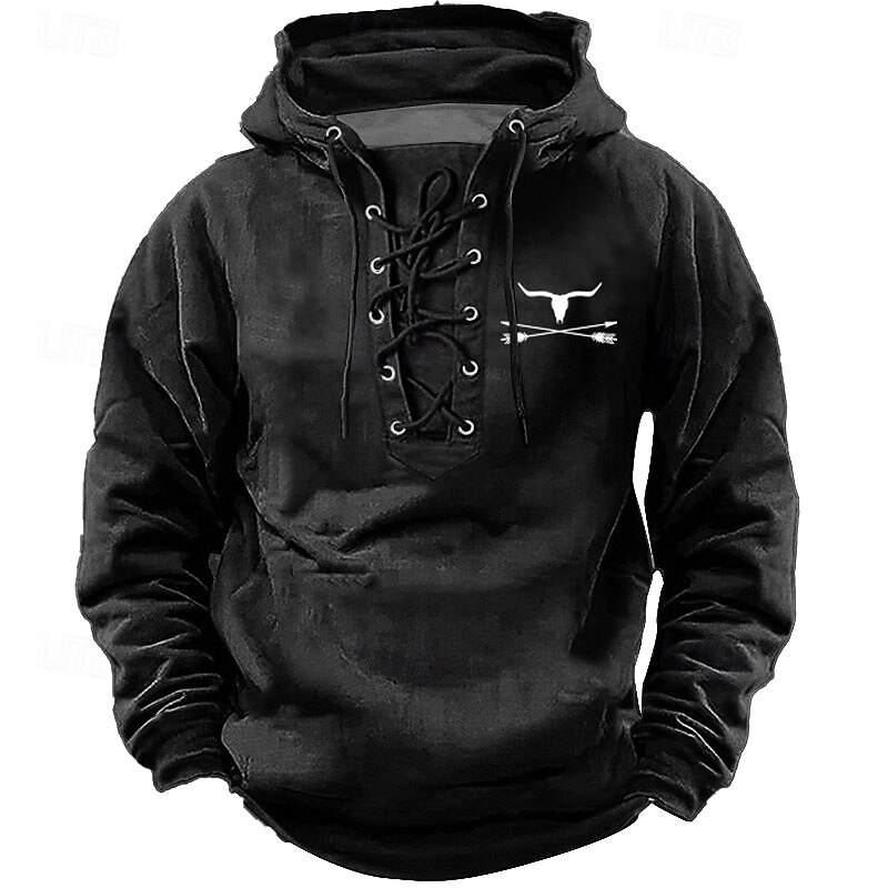 Men's Cowboy Hoodie Sweatshirt Stylish Ethnic Hooded Streetwear Black Blue Drawstring Fall Winter Designer2