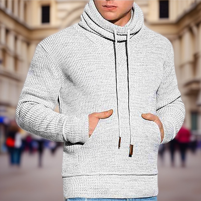 Men's Pullover Sweater Jumper Knit Sweater Ribbed Knit Regular Tops Pocket Knitted Plain Hooded Fashion Basic Vacation Daily Wear Clothing Apparel Fall Winter White Brown M L XL3