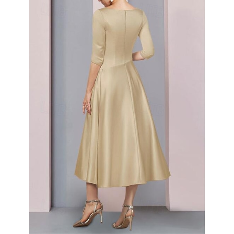 Beach Wedding A-Line Gold Dresses Mother of the Bride Dress Wedding Guest Elegant Vintage Plus Size V Neck Tea Length Satin 3/4 Length Sleeve with Pleats dress to impress free custom size2